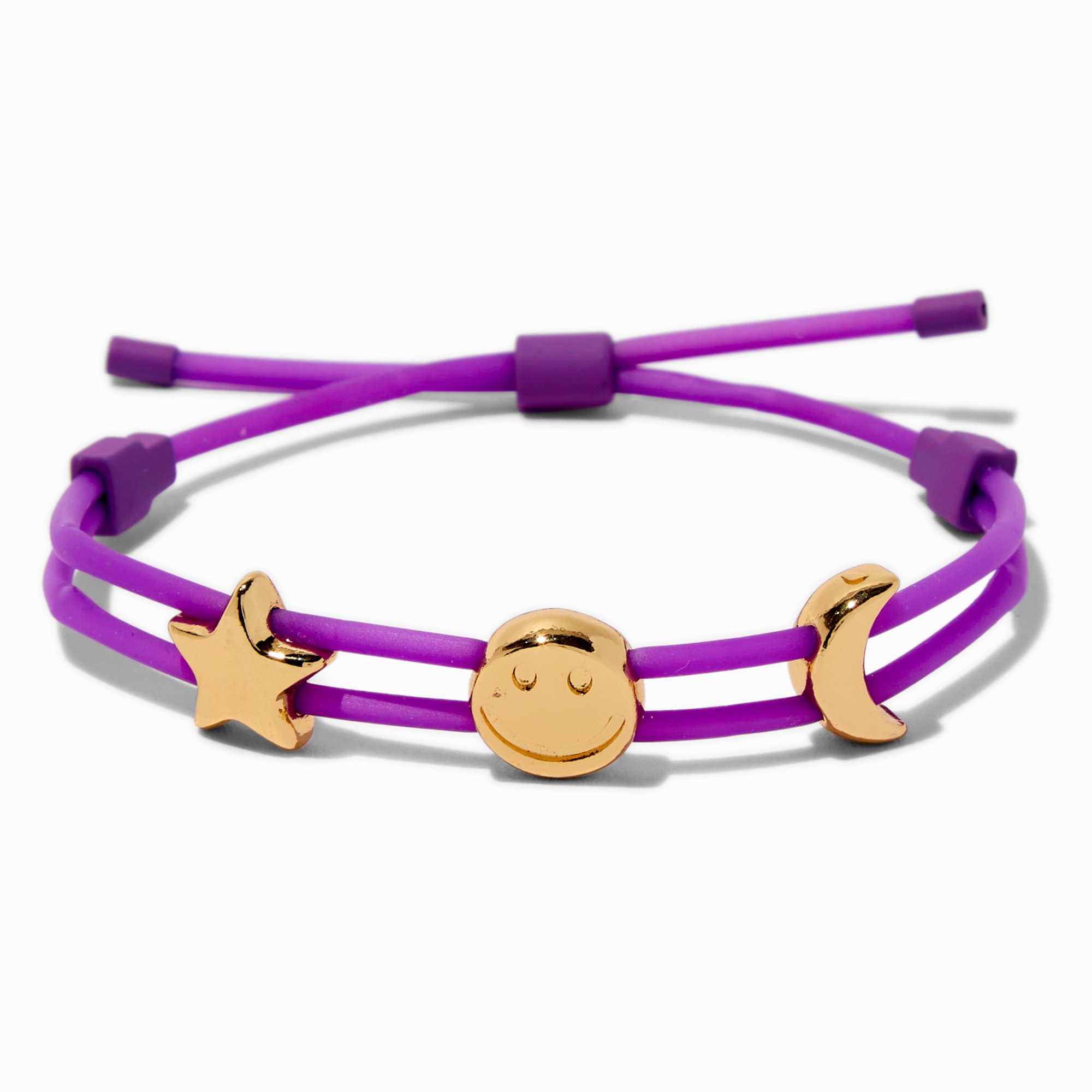 Gold-tone Star, Happy Face & Moon Charm Purple Bolo Bracelet