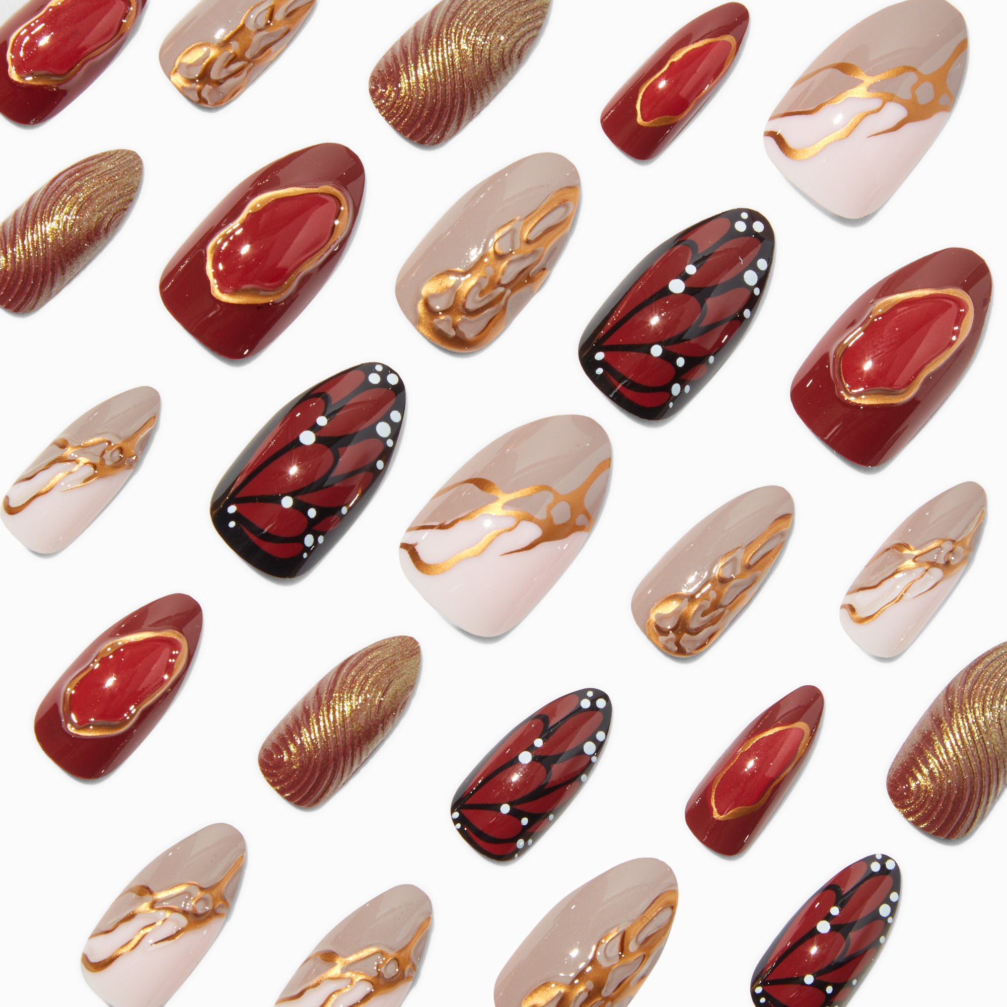 Brown & Gold Embellished Stiletto Vegan Faux Nail Set - 24 Pack
