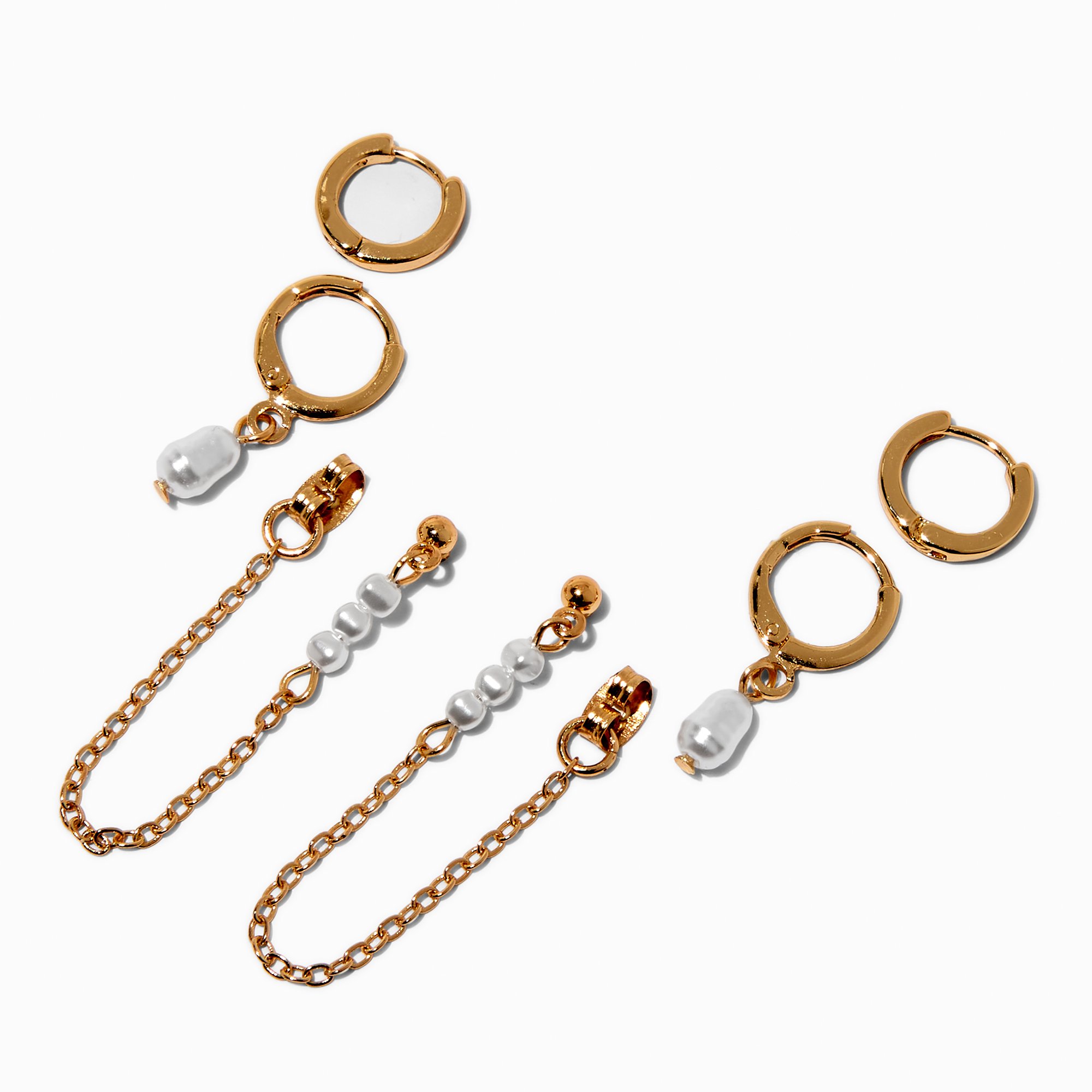 Gold-tone Pearl Chain Earring Stackables Set - 3 Pack