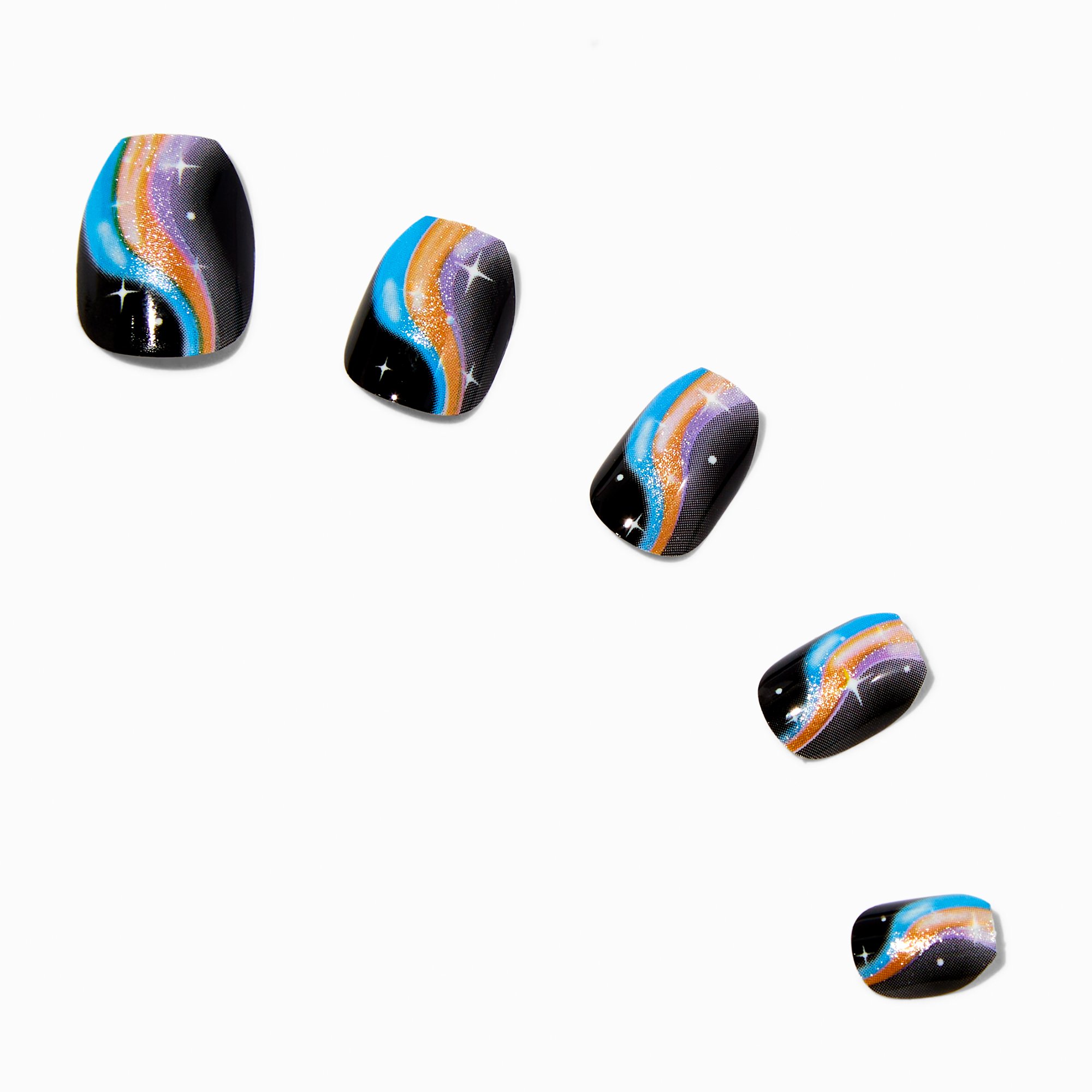 Multicolored Squiggle Black Coffin Vegan Press On Faux Nail Set - 24 Pack