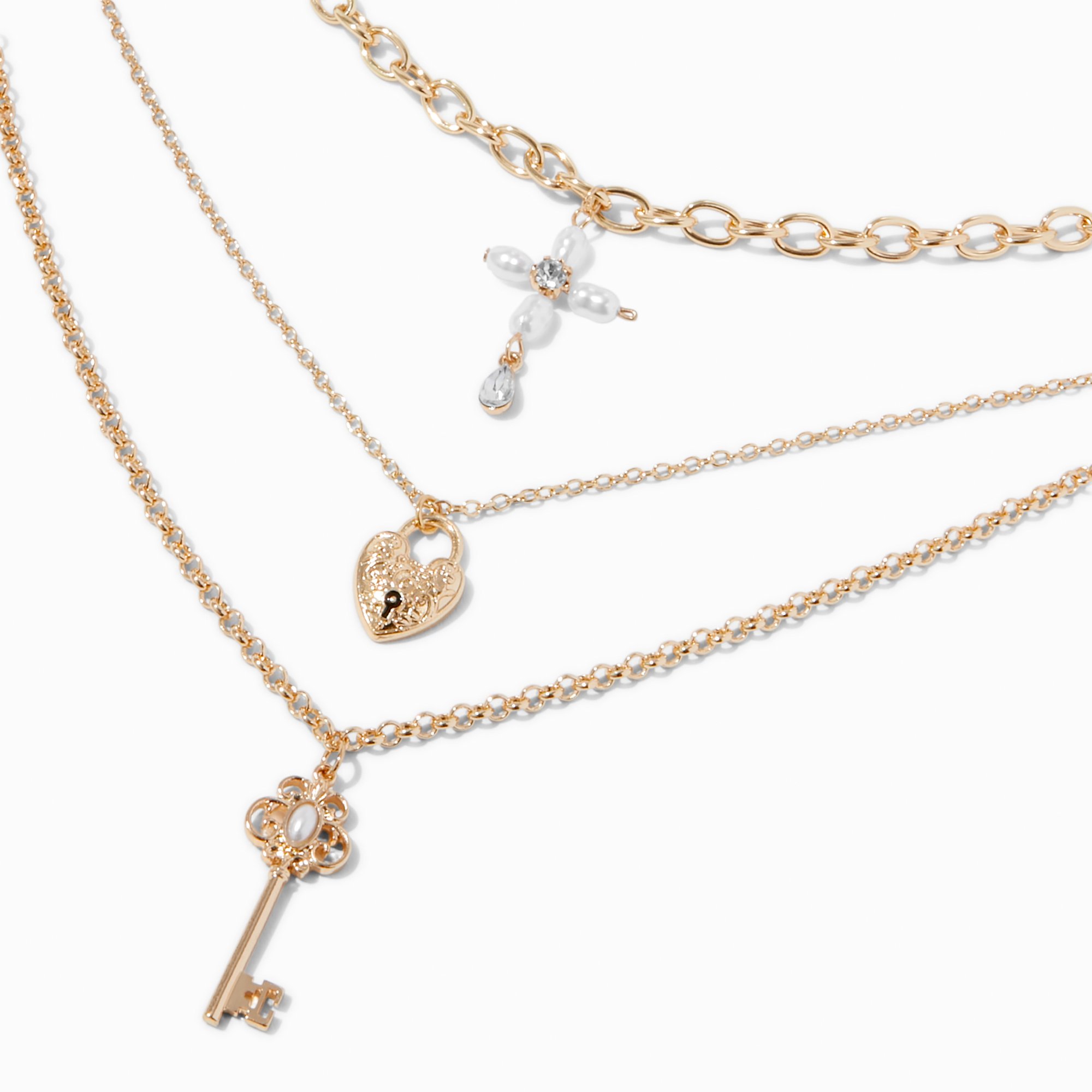 Gold-tone Lock & Key Multi-Strand Necklace